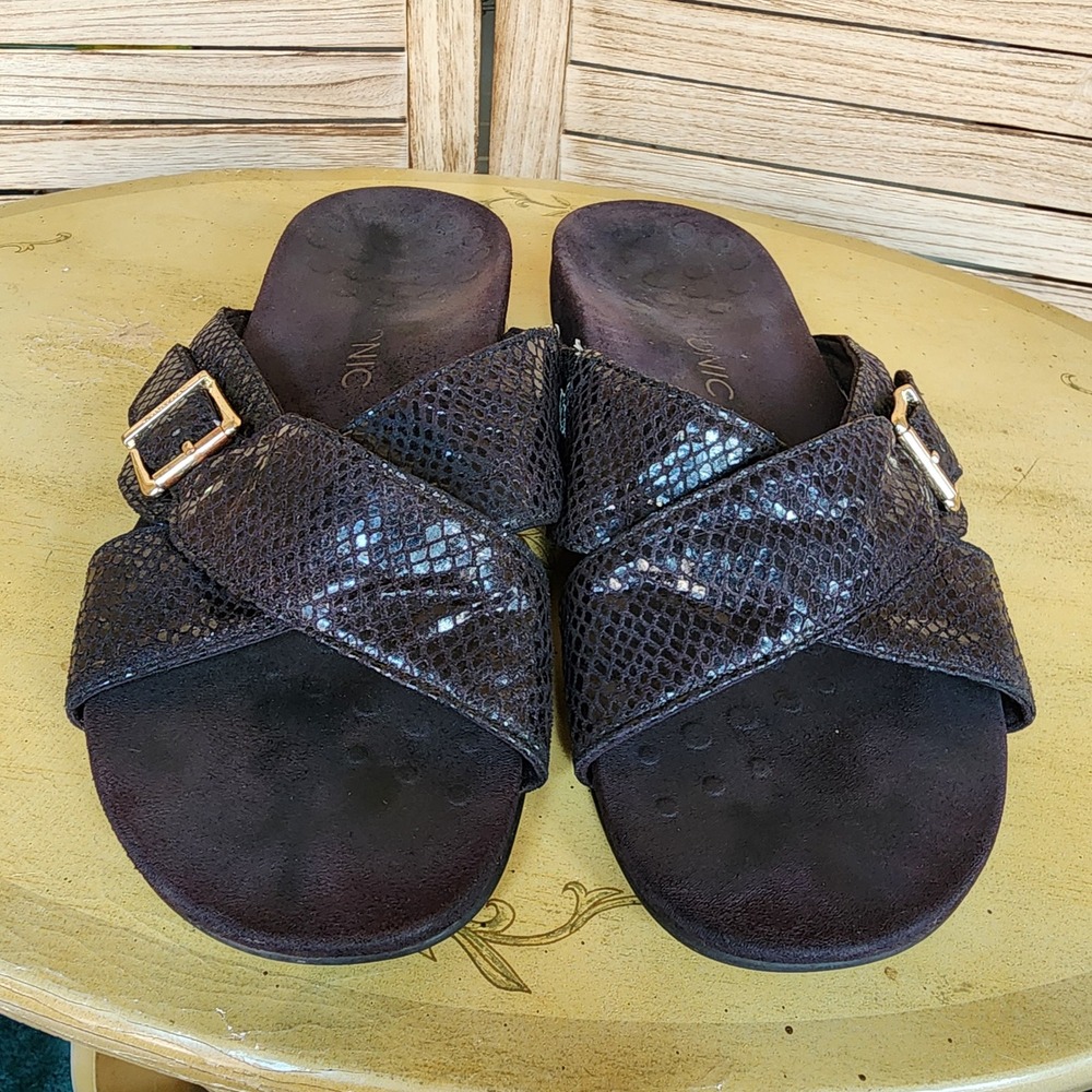 Vionic Sz 11 Black Snakeskin Embossed Leather Slide Sandals Dorit Resort Casual